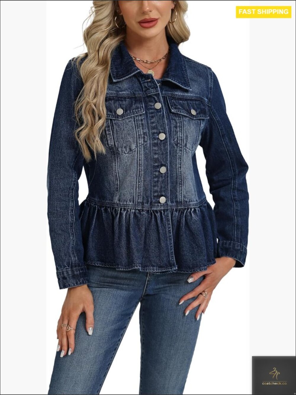Ruffle Hem Denim Jacket Cropped Loose Fit Casual Chic Button Up Outerwear